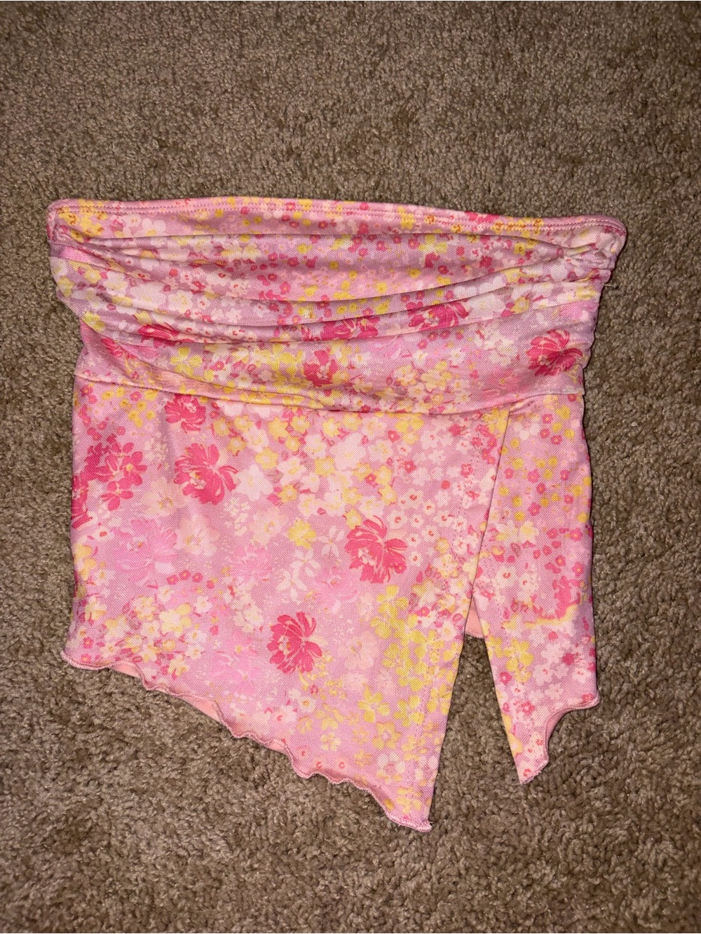 SHEIN Pink & Yellow Floral Strapless Crop Top
